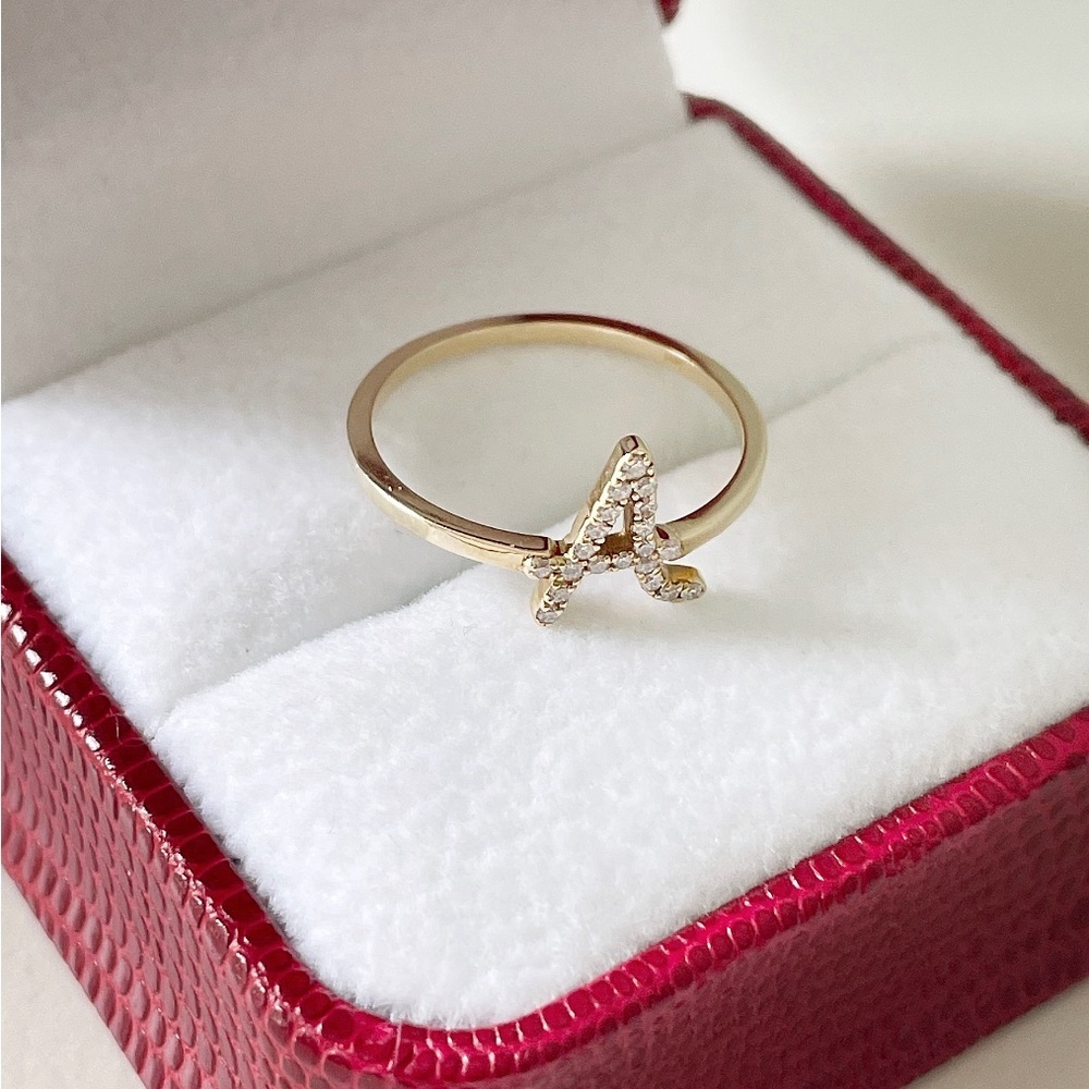 Diamond A Initial Ring 14k Yellow Gold - Picture 4 of 6